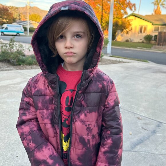 Abercrombie Kids Cozy Pattern Faux Fur Lined Puffer Coat Red Dye Effect 5/6 - Picture 15 of 16